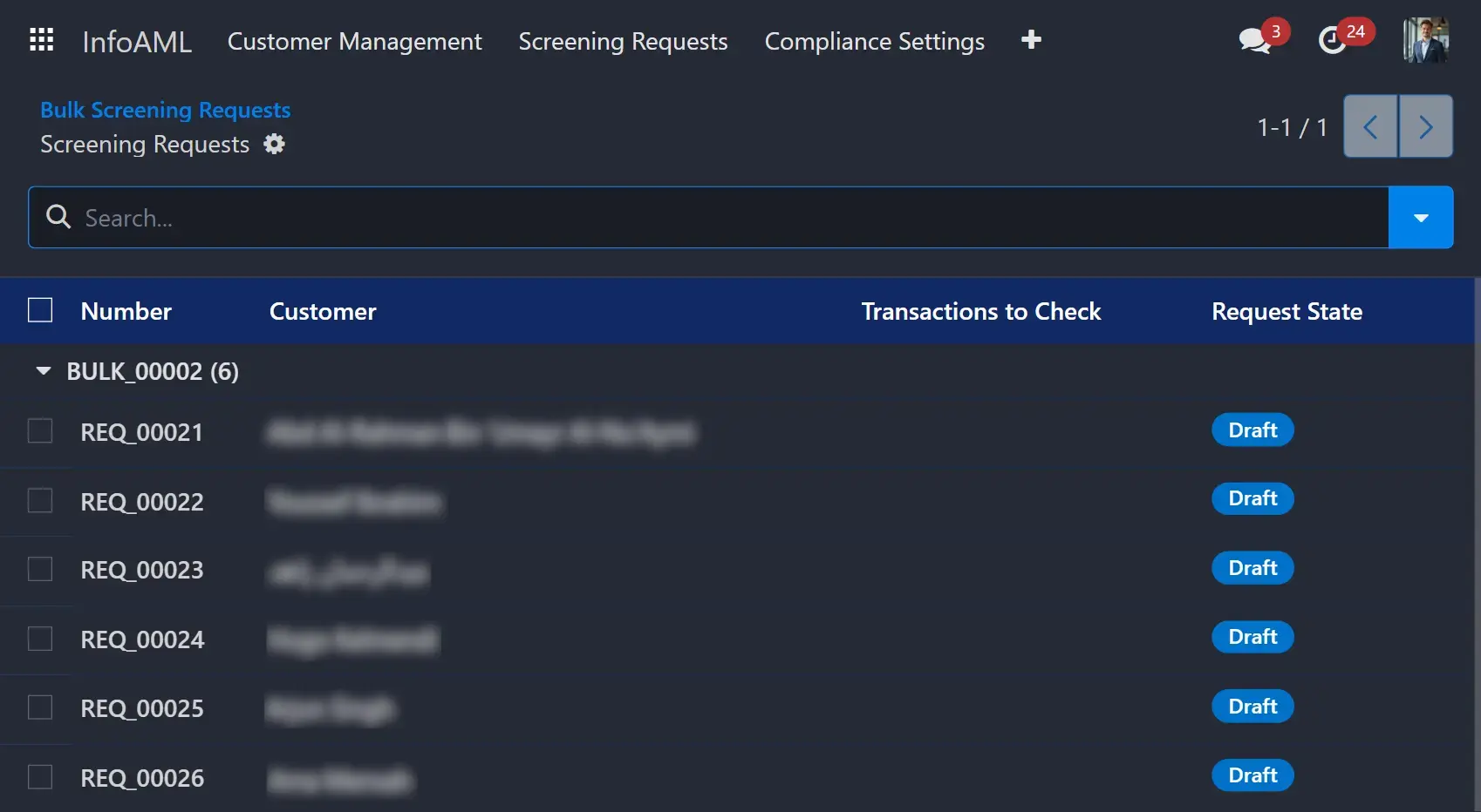 InfoAML Software showcasing our bulk screening feature.